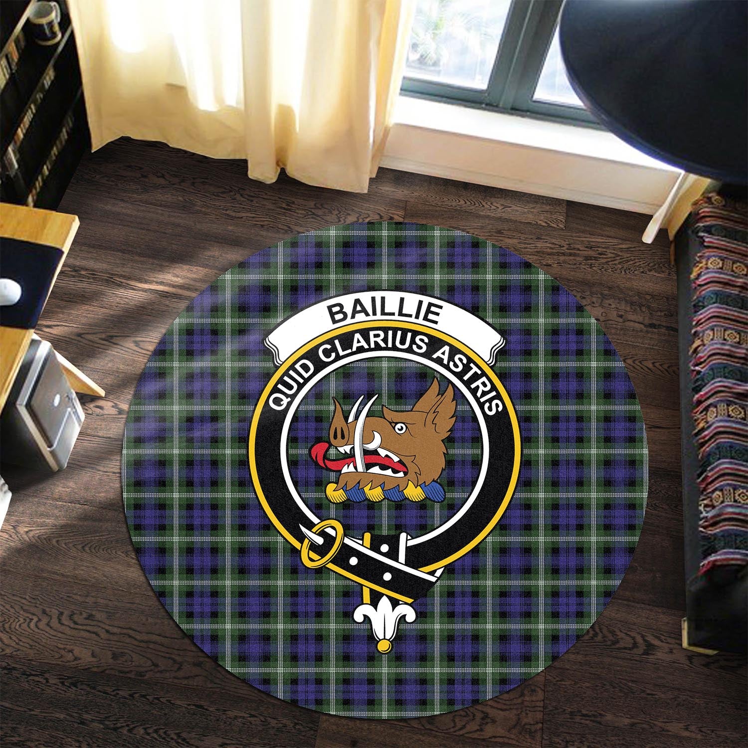 Baillie Modern Tartan Round Rug with Family Crest - Tartanvibesclothing