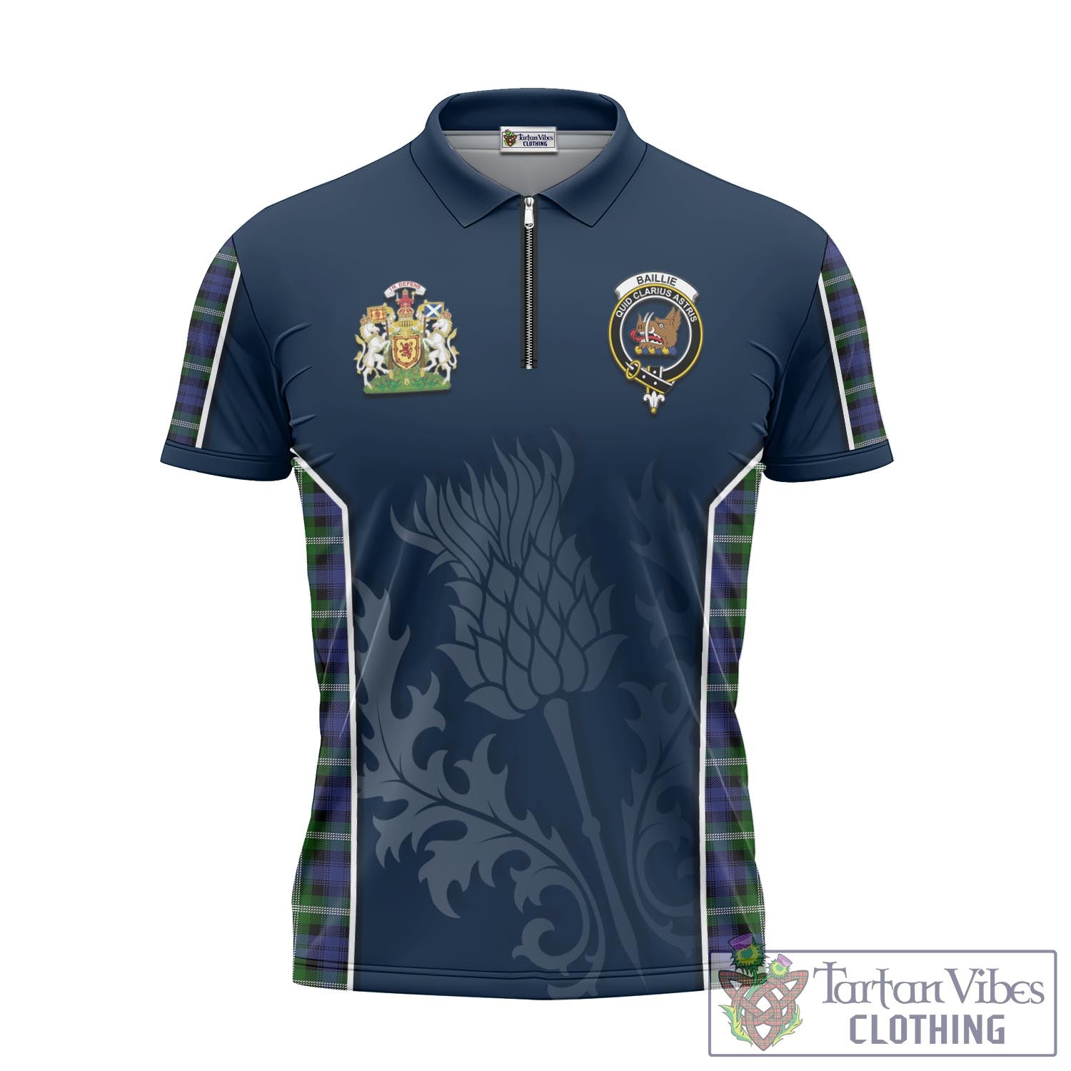 Tartan Vibes Clothing Baillie Modern Tartan Zipper Polo Shirt with Family Crest and Scottish Thistle Vibes Sport Style