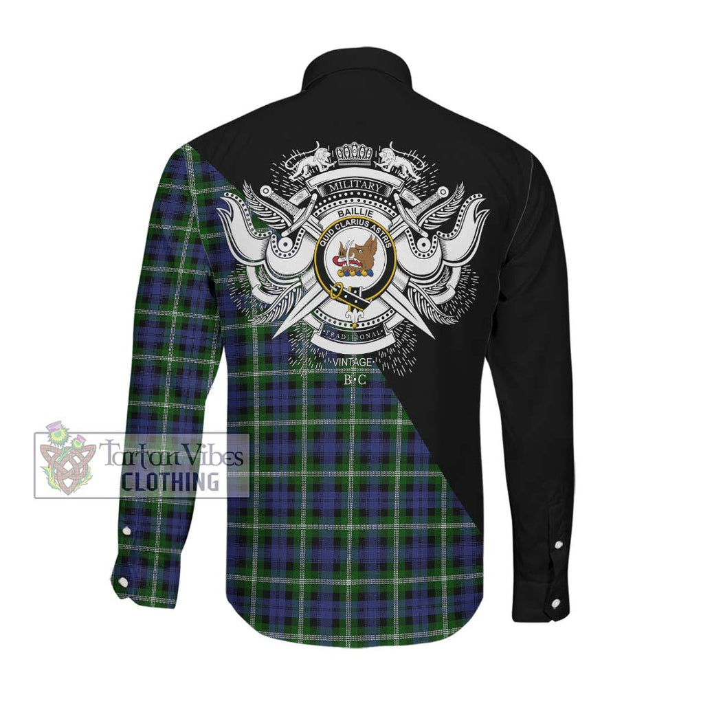 Baillie (Bailey) Tartan Long Sleeve Button Shirt with Family Crest and Military Logo Style Men's Shirt - Tartanvibesclothing Shop