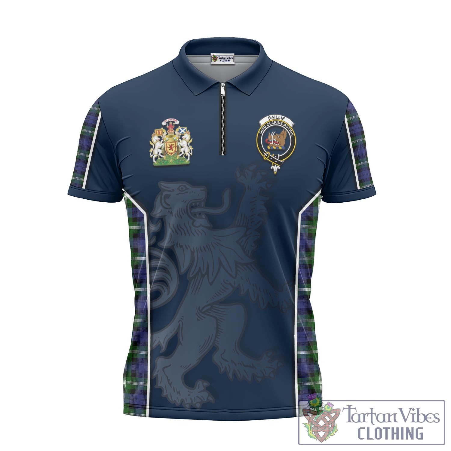 Tartan Vibes Clothing Baillie Modern Tartan Zipper Polo Shirt with Family Crest and Lion Rampant Vibes Sport Style