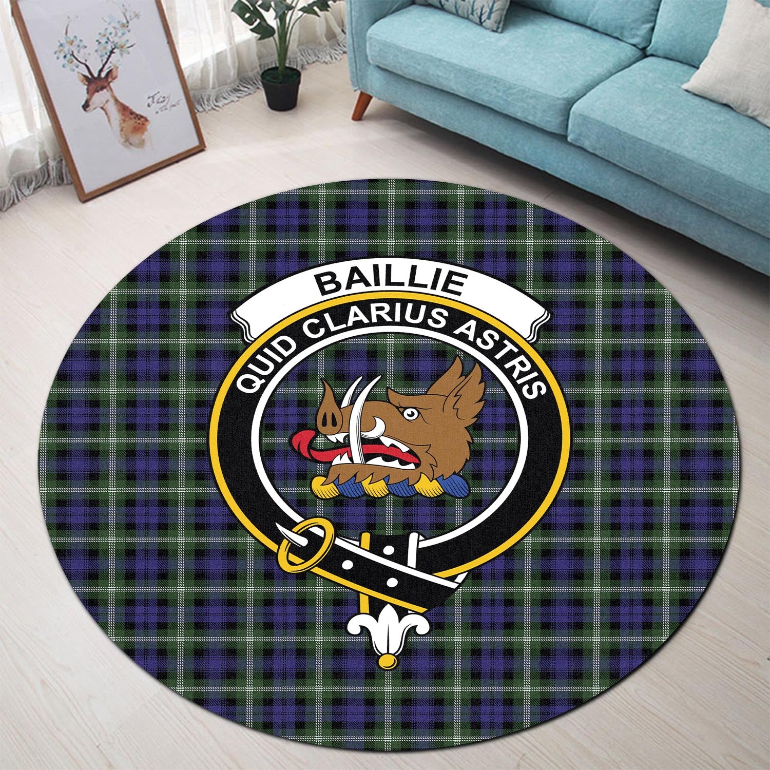 Baillie Modern Tartan Round Rug with Family Crest - Tartanvibesclothing