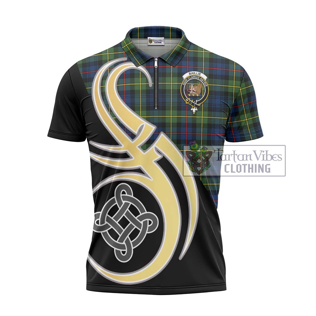 Tartan Vibes Clothing Baillie Modern Tartan Zipper Polo Shirt with Family Crest and Celtic Symbol Style