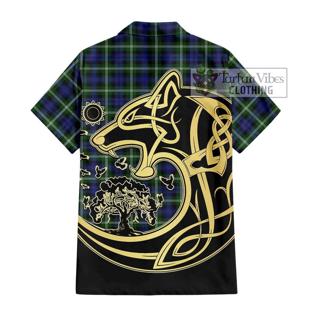 Baillie (Bailey) Tartan Short Sleeve Button Shirt with Family Crest Celtic Wolf Style - Tartan Vibes Clothing