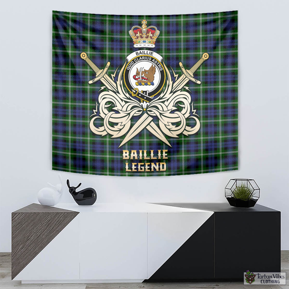 Tartan Vibes Clothing Baillie Modern Tartan Tapestry with Clan Crest and the Golden Sword of Courageous Legacy