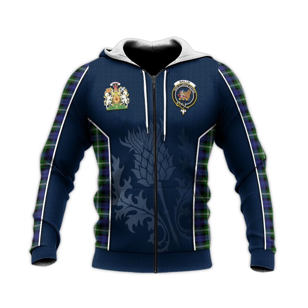 Tartan Vibes Clothing Baillie Modern Tartan Knitted Hoodie with Family Crest and Scottish Thistle Vibes Sport Style