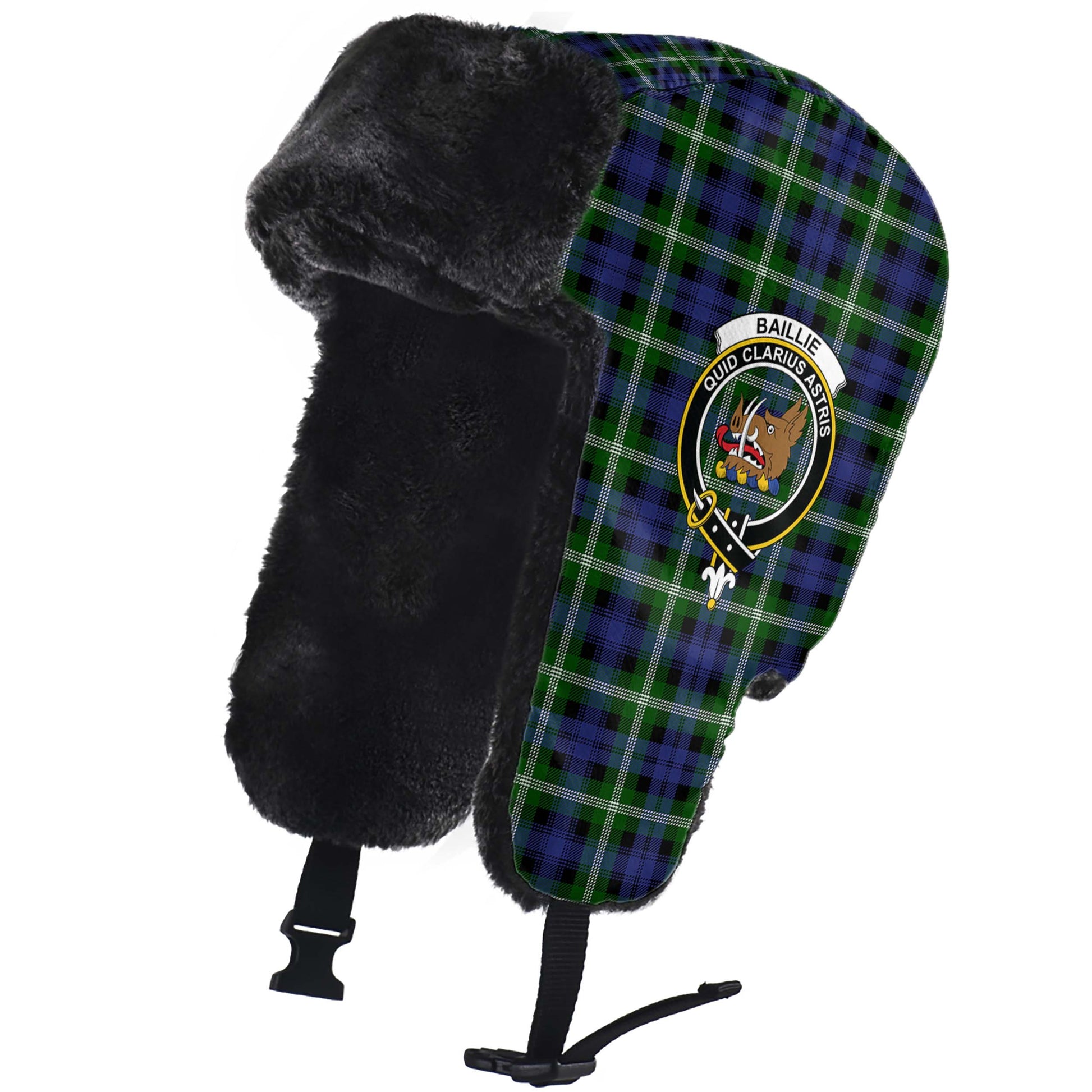 Baillie Modern Tartan Winter Trapper Hat with Family Crest - Tartanvibesclothing