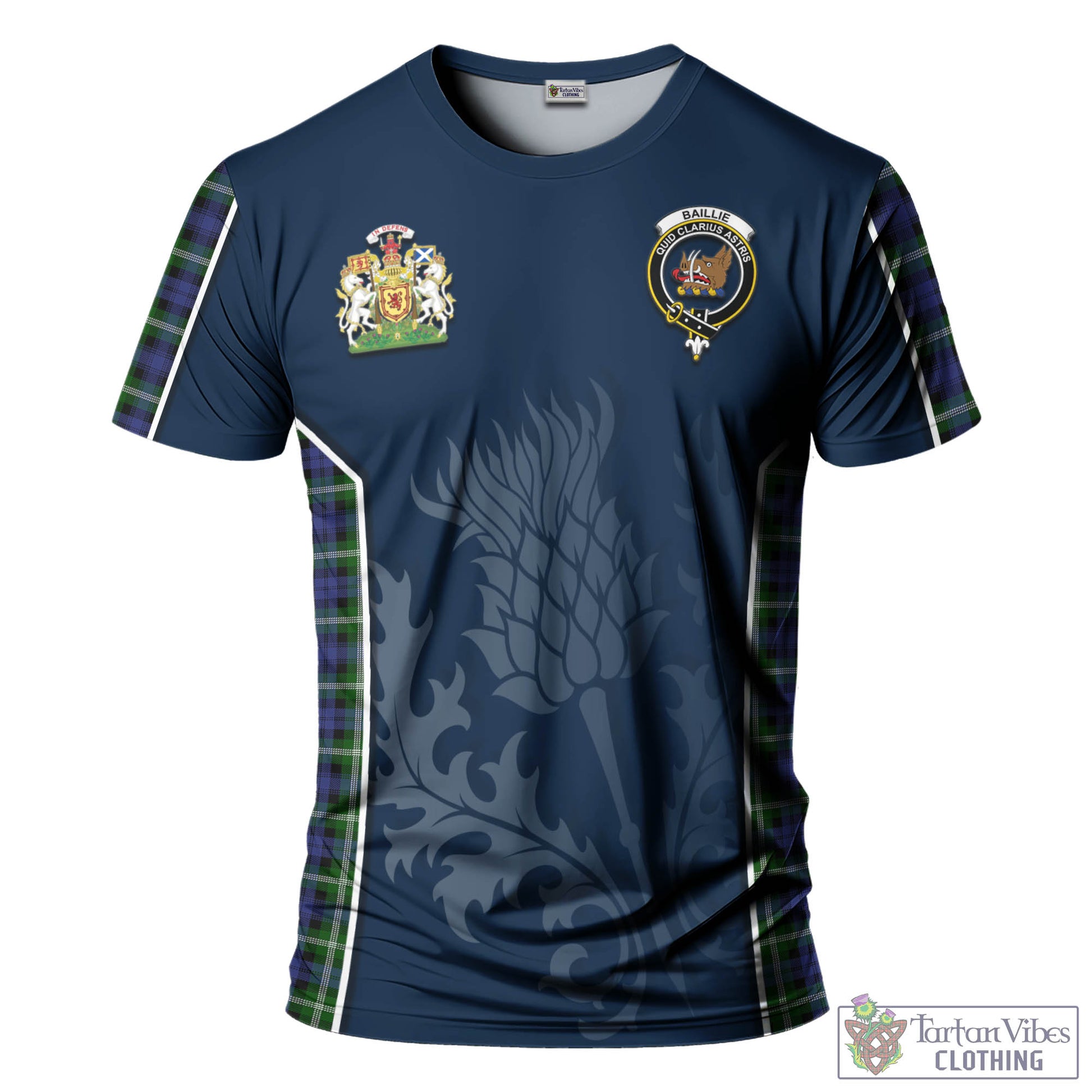 Tartan Vibes Clothing Baillie Modern Tartan T-Shirt with Family Crest and Scottish Thistle Vibes Sport Style