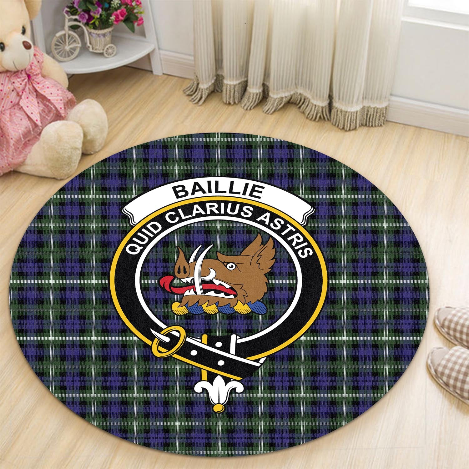 Baillie Modern Tartan Round Rug with Family Crest - Tartanvibesclothing