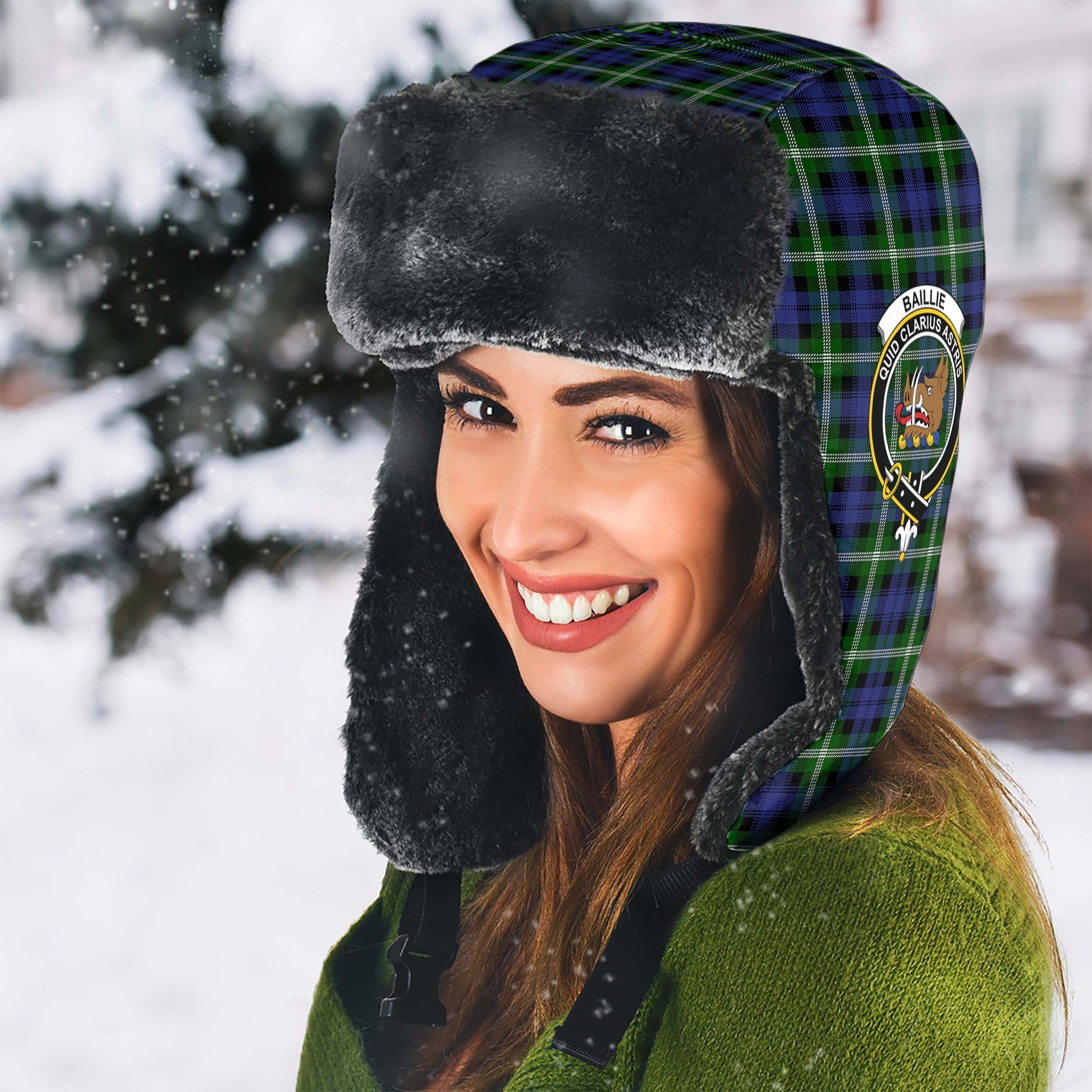 Baillie Modern Tartan Winter Trapper Hat with Family Crest - Tartanvibesclothing