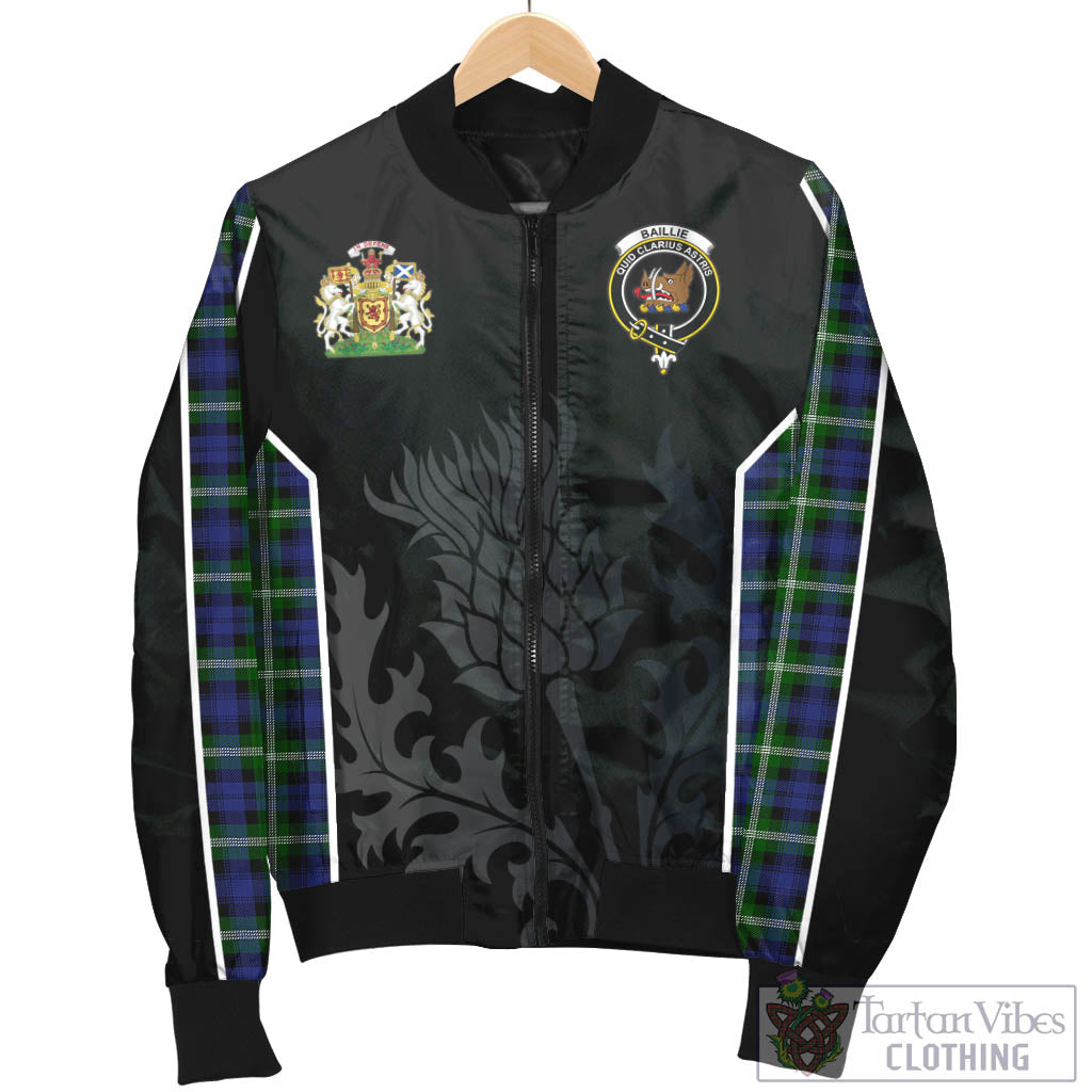 Tartan Vibes Clothing Baillie Modern Tartan Bomber Jacket with Family Crest and Scottish Thistle Vibes Sport Style