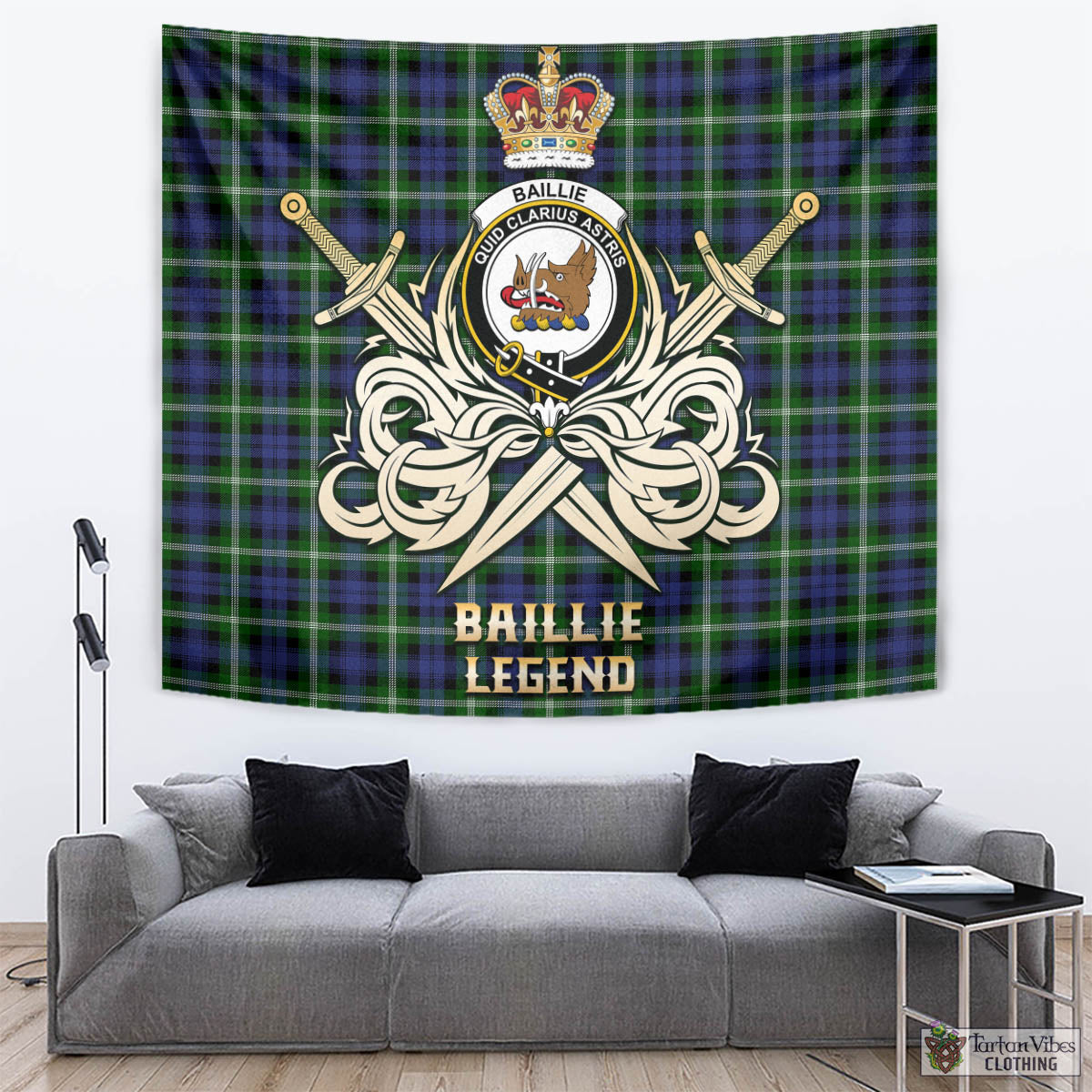 Tartan Vibes Clothing Baillie Modern Tartan Tapestry with Clan Crest and the Golden Sword of Courageous Legacy