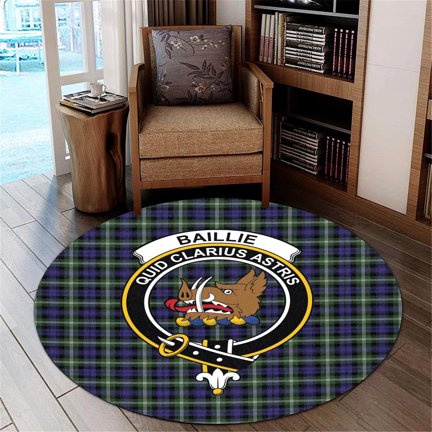 Baillie Modern Tartan Round Rug with Family Crest - Tartanvibesclothing