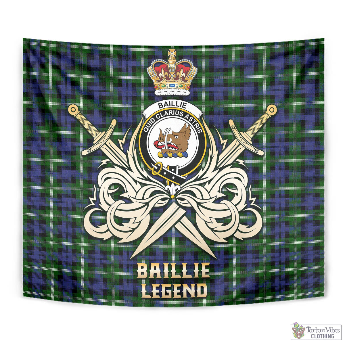 Tartan Vibes Clothing Baillie Modern Tartan Tapestry with Clan Crest and the Golden Sword of Courageous Legacy