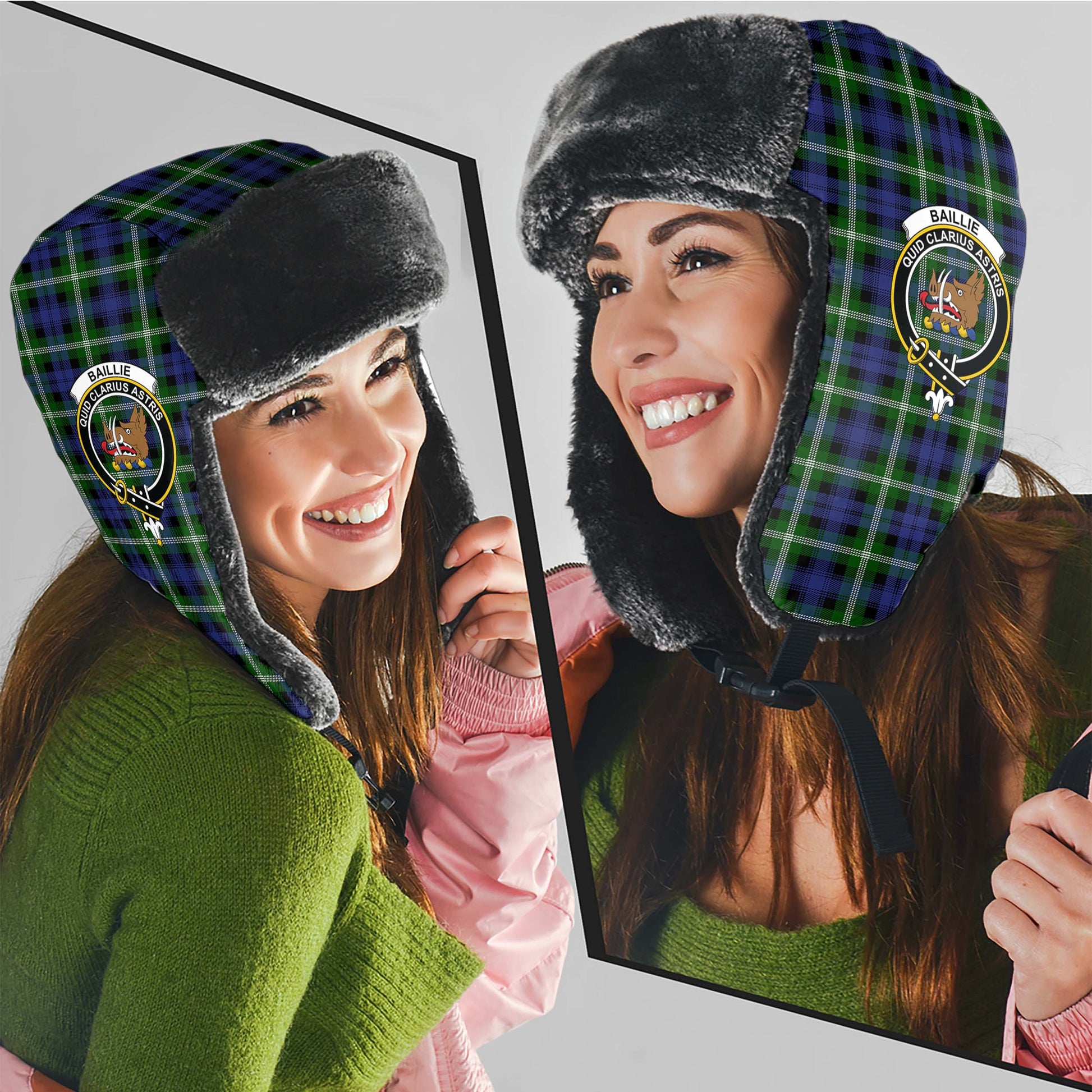 Baillie Modern Tartan Winter Trapper Hat with Family Crest - Tartanvibesclothing