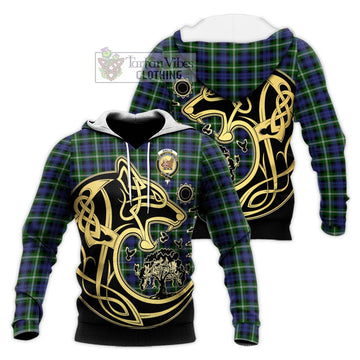 Baillie of Polkemmet Tartan Knitted Hoodie with Family Crest Celtic Wolf Style