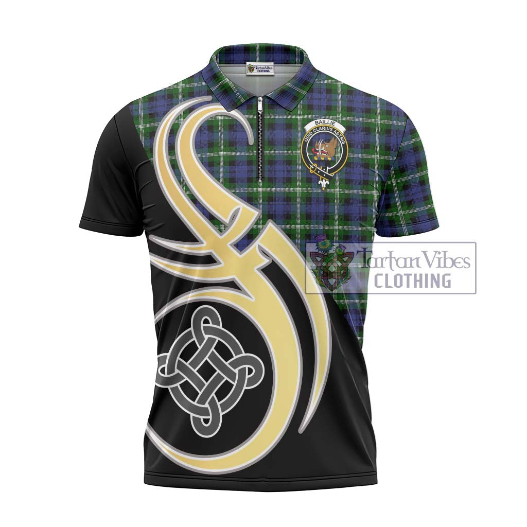 Tartan Vibes Clothing Baillie of Polkemmet Tartan Zipper Polo Shirt with Family Crest and Celtic Symbol Style