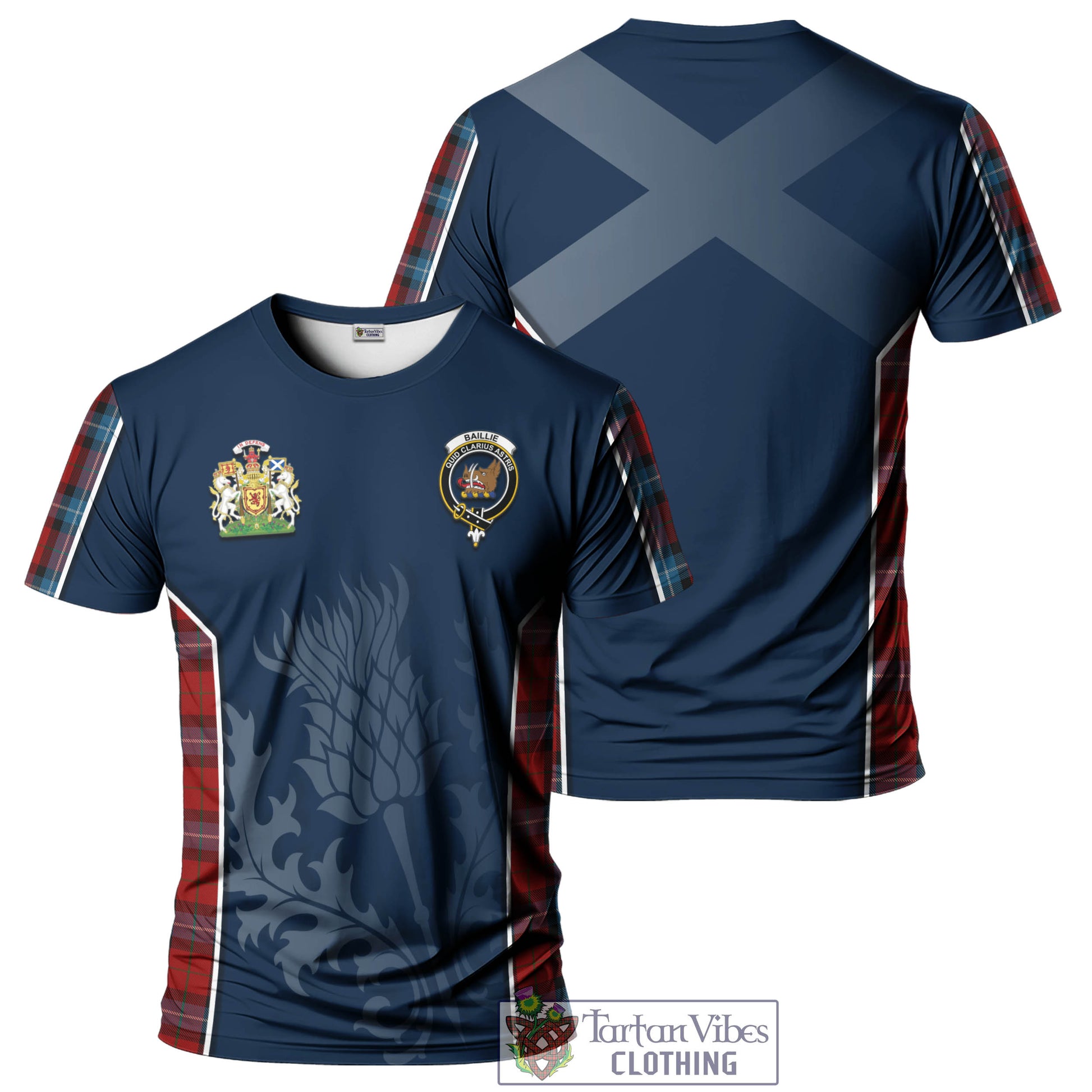 Tartan Vibes Clothing Baillie of Polkemmet Red Tartan T-Shirt with Family Crest and Scottish Thistle Vibes Sport Style