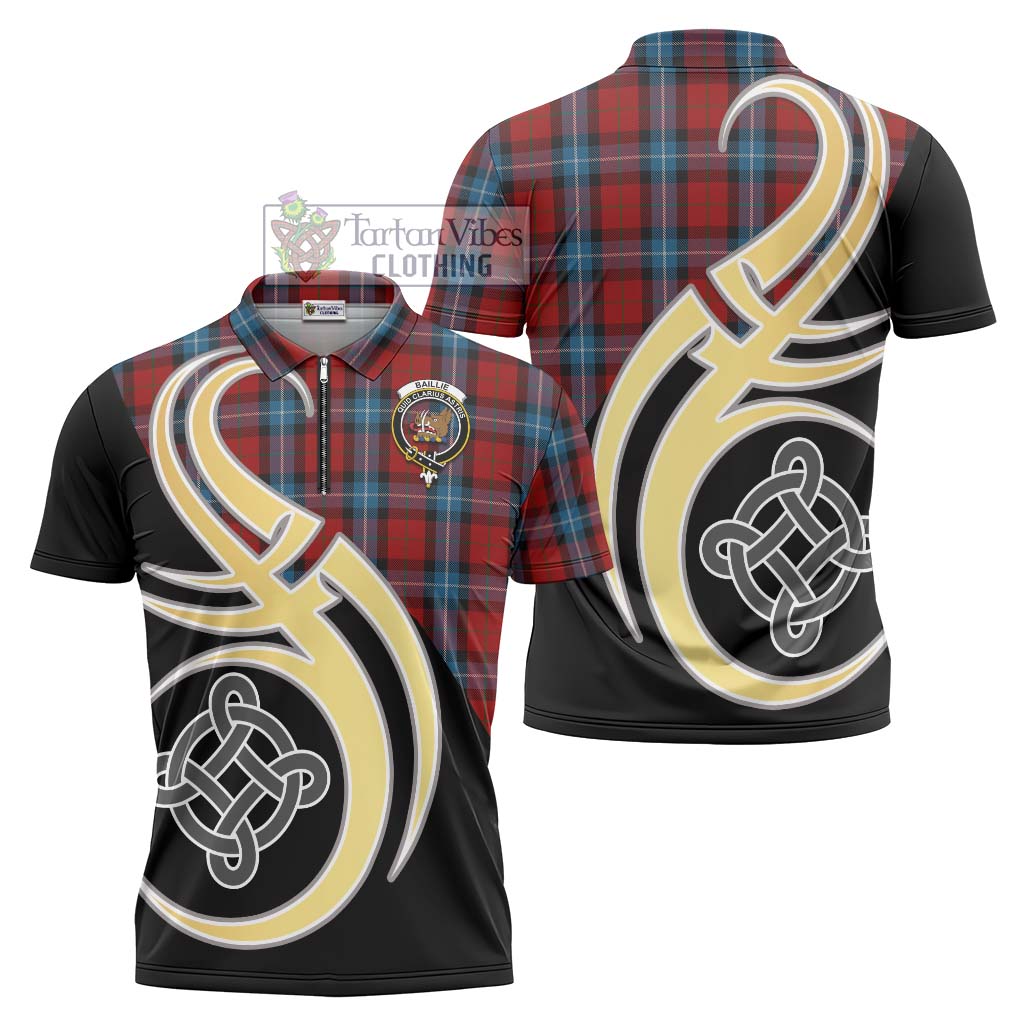 Tartan Vibes Clothing Baillie of Polkemmet Red Tartan Zipper Polo Shirt with Family Crest and Celtic Symbol Style