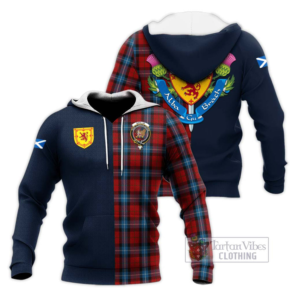 Tartan Vibes Clothing Baillie of Polkemmet Red Tartan Knitted Hoodie with Scottish Lion Royal Arm Half Style