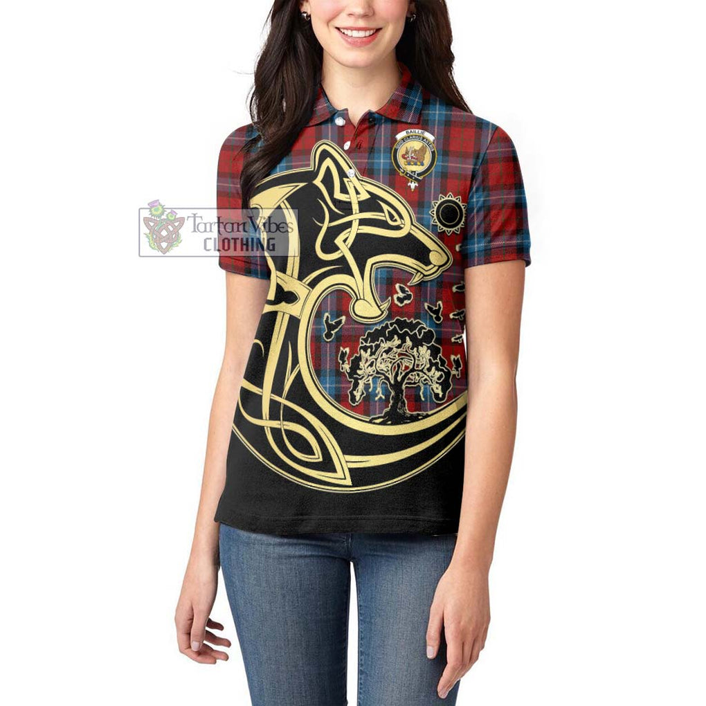 Baillie of Polkemmet Red Tartan Women's Polo Shirt with Family Crest Celtic Wolf Style - Tartanvibesclothing Shop