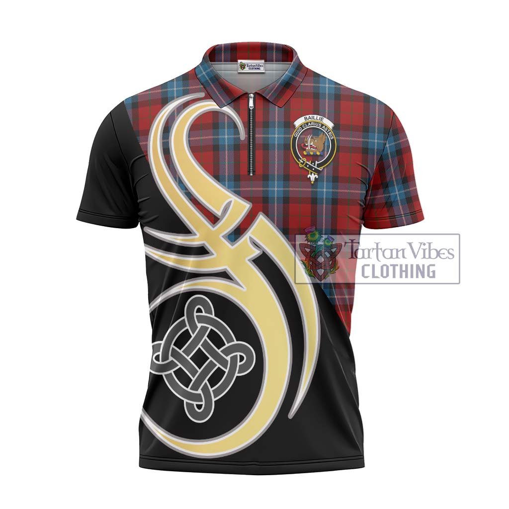 Tartan Vibes Clothing Baillie of Polkemmet Red Tartan Zipper Polo Shirt with Family Crest and Celtic Symbol Style