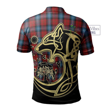 Baillie of Polkemmet Red Tartan Polo Shirt with Family Crest Celtic Wolf Style