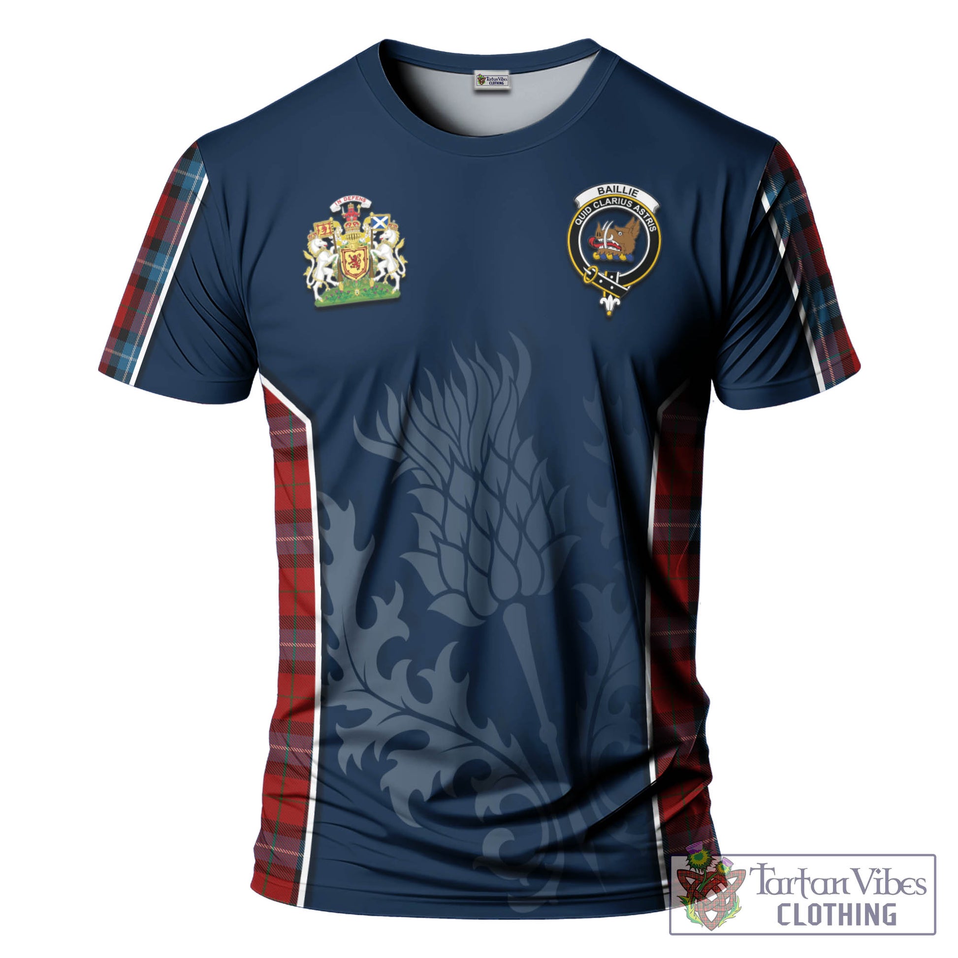 Tartan Vibes Clothing Baillie of Polkemmet Red Tartan T-Shirt with Family Crest and Scottish Thistle Vibes Sport Style