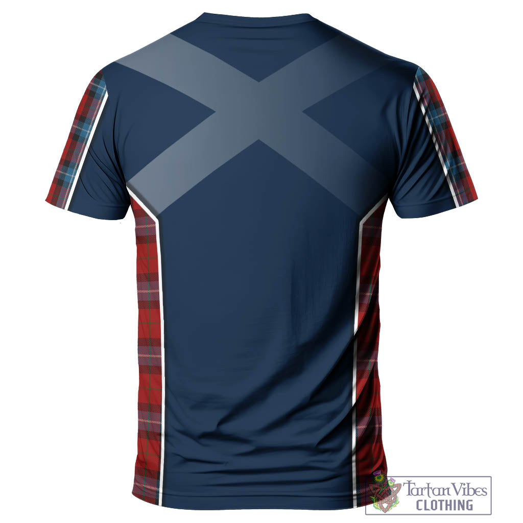 Tartan Vibes Clothing Baillie of Polkemmet Red Tartan T-Shirt with Family Crest and Scottish Thistle Vibes Sport Style