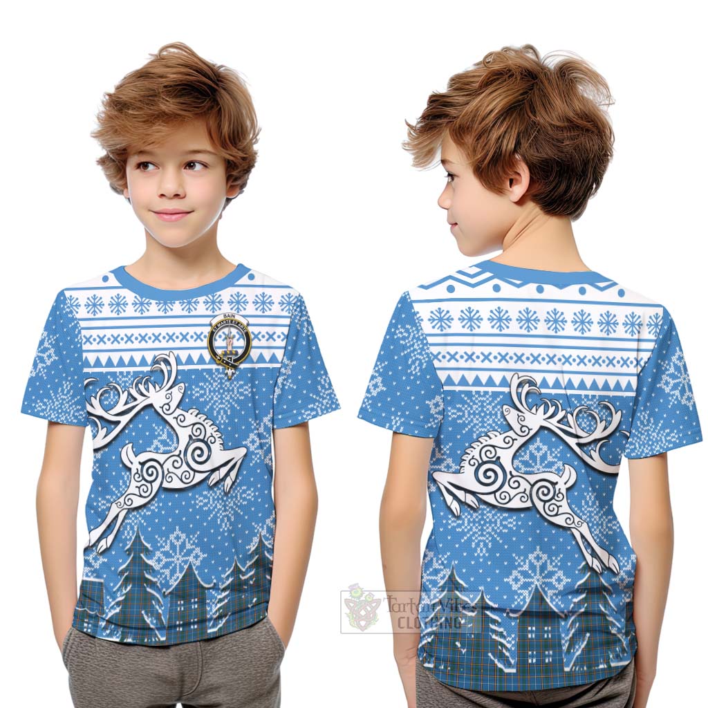 Tartan Vibes Clothing Bain Clan Christmas Kid T-Shirt Celtic Reindeer Style