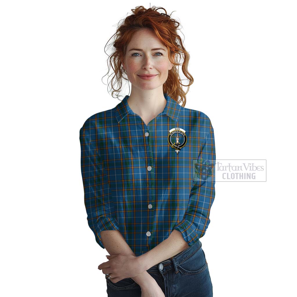 Tartan Vibes Clothing Bain Tartan Women's Casual Shirt with Family Crest and Bearded Skull Holding Bottles of Whiskey