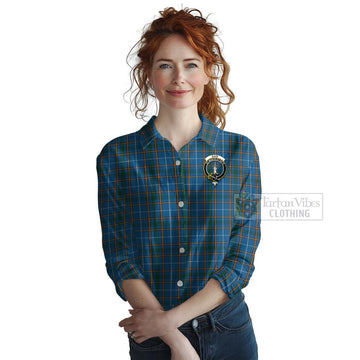 Bain Tartan Women's Casual Shirt with Family Crest and Bearded Skull Holding Bottles of Whiskey