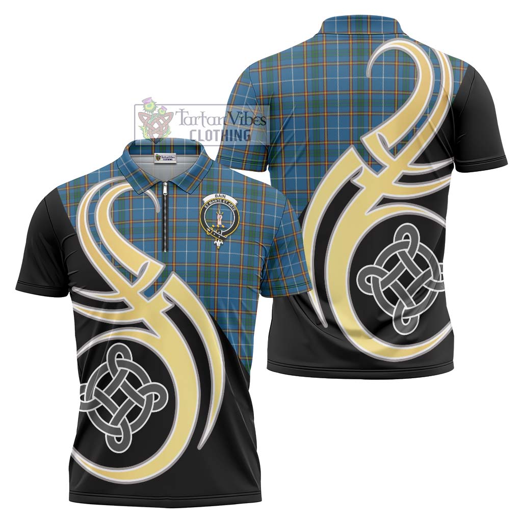 Tartan Vibes Clothing Bain Tartan Zipper Polo Shirt with Family Crest and Celtic Symbol Style