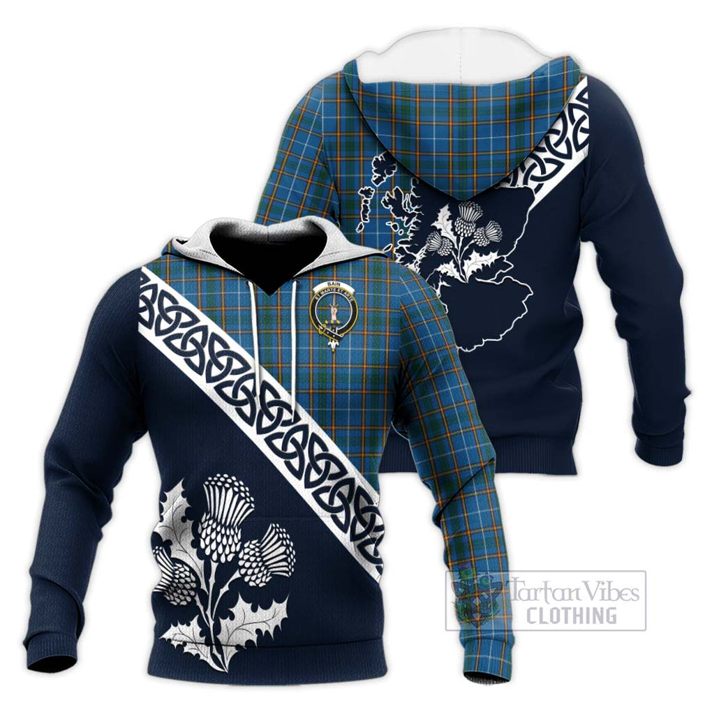 Tartan Vibes Clothing Bain Tartan Knitted Hoodie Featuring Thistle and Scotland Map