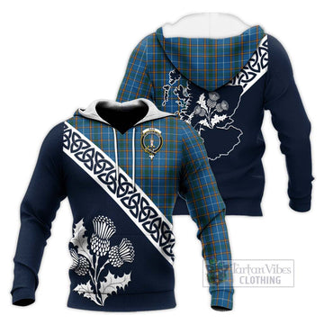 Bain Tartan Knitted Hoodie Featuring Thistle and Scotland Map