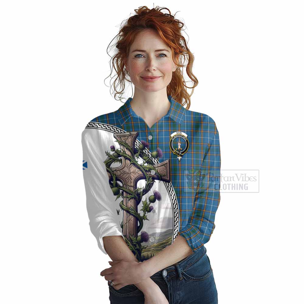 Tartan Vibes Clothing Bain Tartan Women's Casual Shirt with Family Crest and St. Andrew's Cross Accented by Thistle Vines