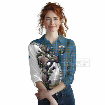 Bain Tartan Women's Casual Shirt with Family Crest and St. Andrew's Cross Accented by Thistle Vines