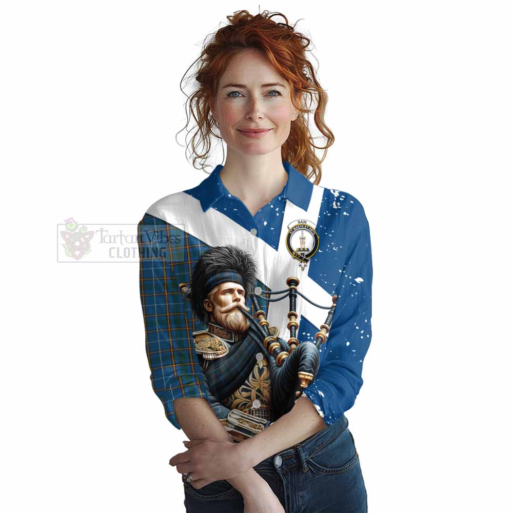 Tartan Vibes Clothing Bain Tartan Women's Casual Shirt with Family Crest Scottish Bagpiper Vibes