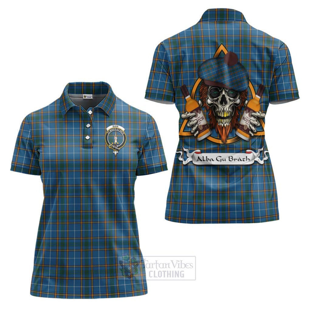 Tartan Vibes Clothing Bain Tartan Women's Polo Shirt with Family Crest and Bearded Skull Holding Bottles of Whiskey