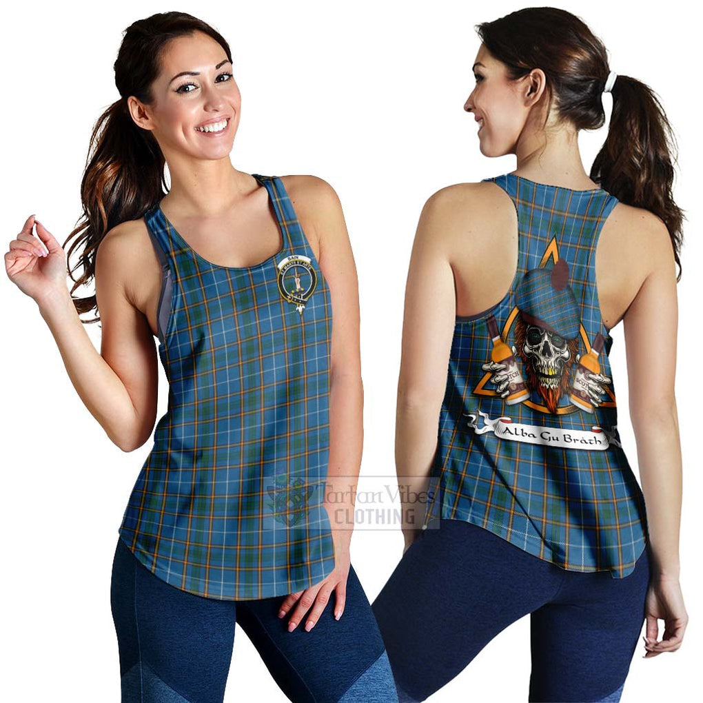 Tartan Vibes Clothing Bain Tartan Women's Racerback Tanks with Family Crest and Bearded Skull Holding Bottles of Whiskey