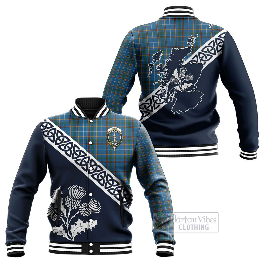 Tartan Vibes Clothing Bain Tartan Baseball Jacket Featuring Thistle and Scotland Map