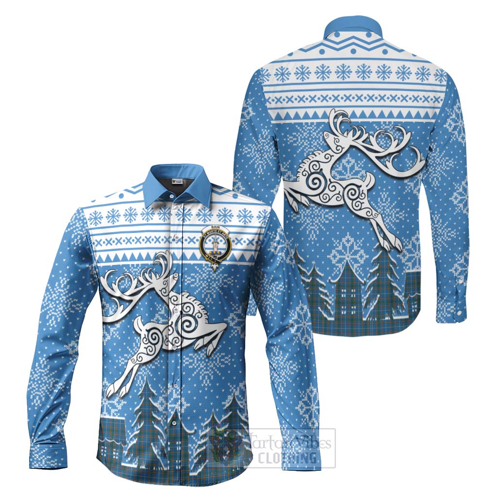 Tartan Vibes Clothing Bain Clan Christmas Long Sleeve Button Shirt Celtic Reindeer Style