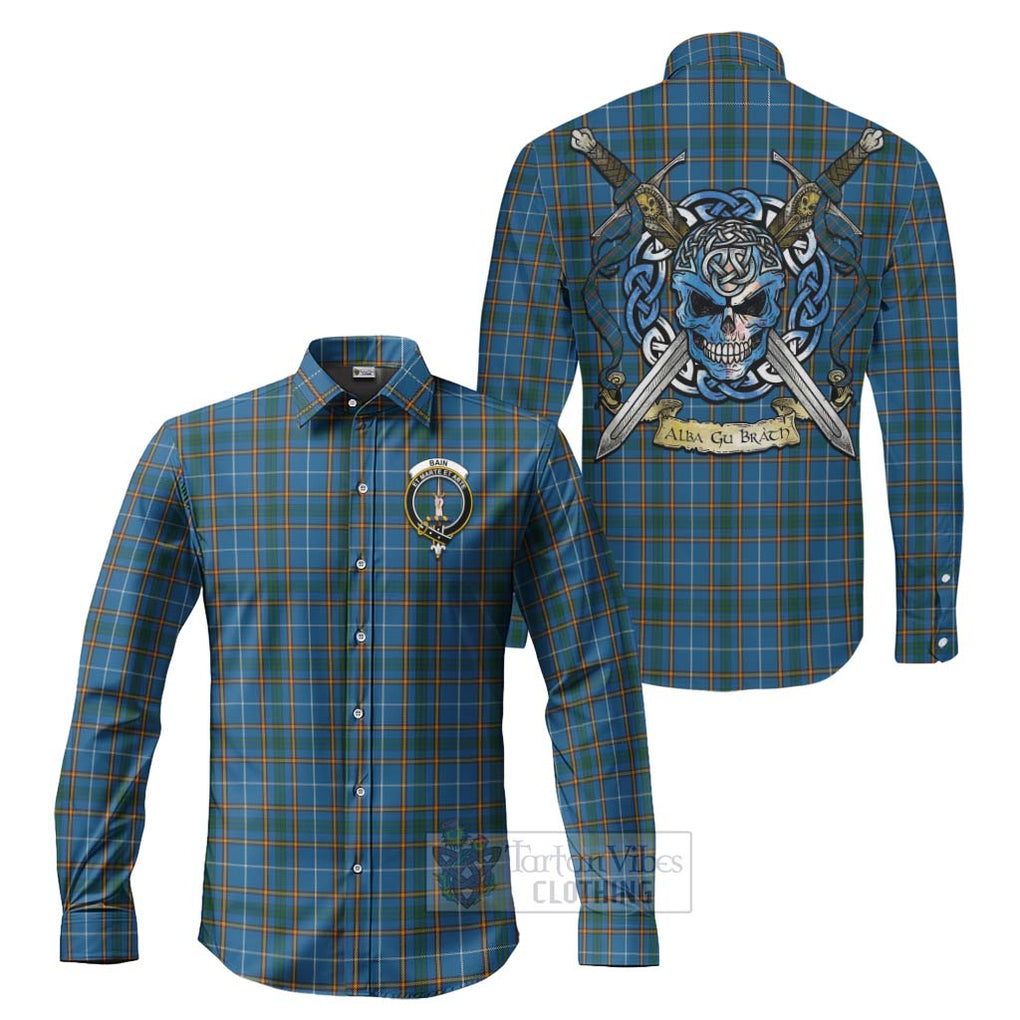 Bain Tartan Long Sleeve Button Shirt with Family Crest Celtic Skull Style Men's Shirt S - Tartan Vibes Clothing