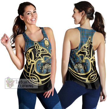 Bain Tartan Women's Racerback Tanks with Family Crest Celtic Wolf Style