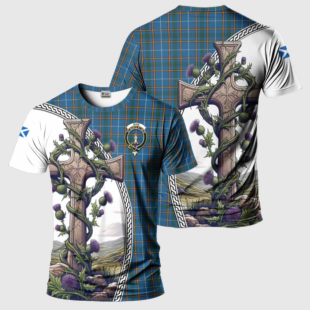 Tartan Vibes Clothing Bain Agnew Tartan T-Shirt with Family Crest and St. Andrew's Cross Accented by Thistle Vines