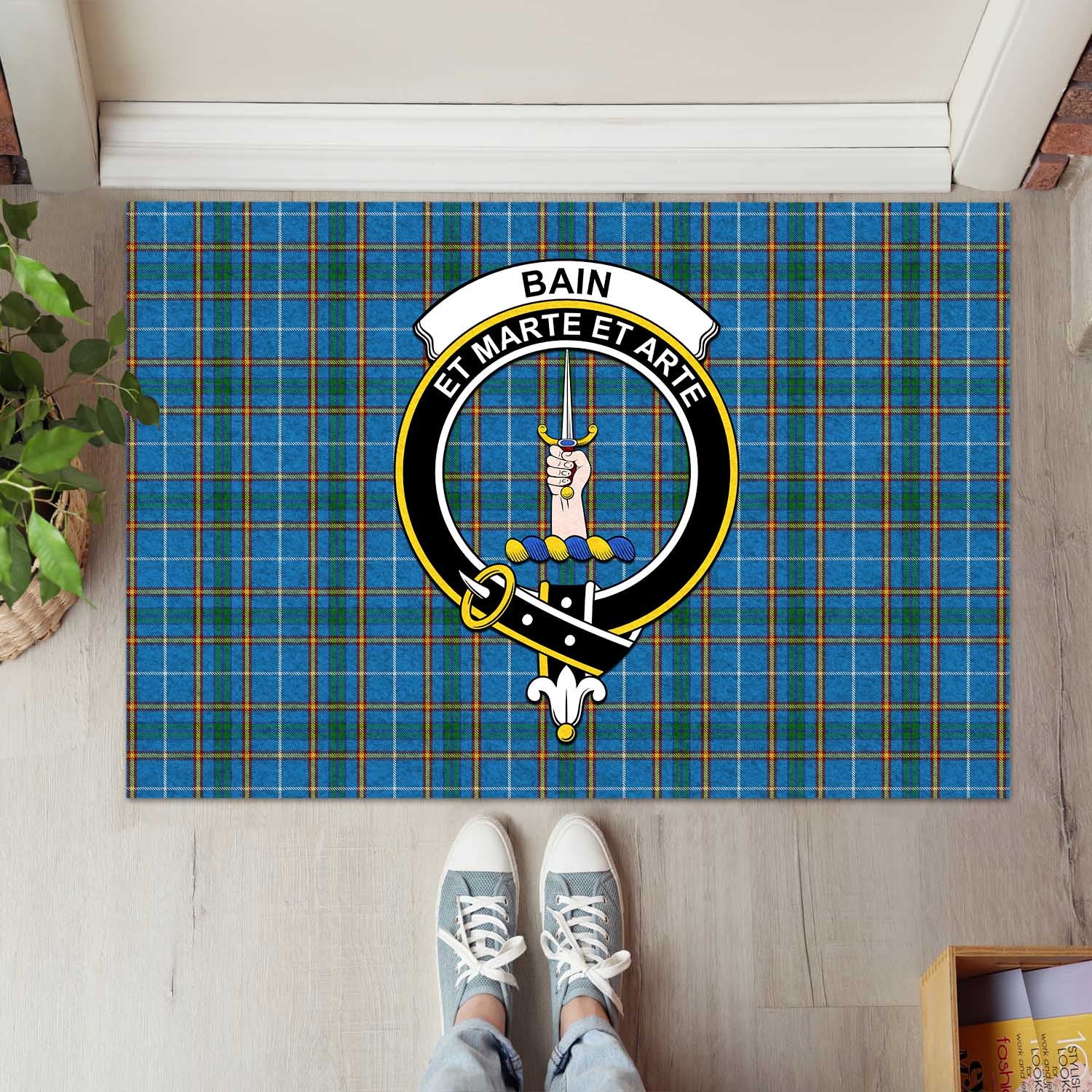 Bain Tartan Door Mat with Family Crest - Tartanvibesclothing