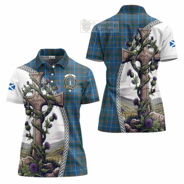 Bain Tartan Women's Polo Shirt with Family Crest and St. Andrew's Cross Accented by Thistle Vines