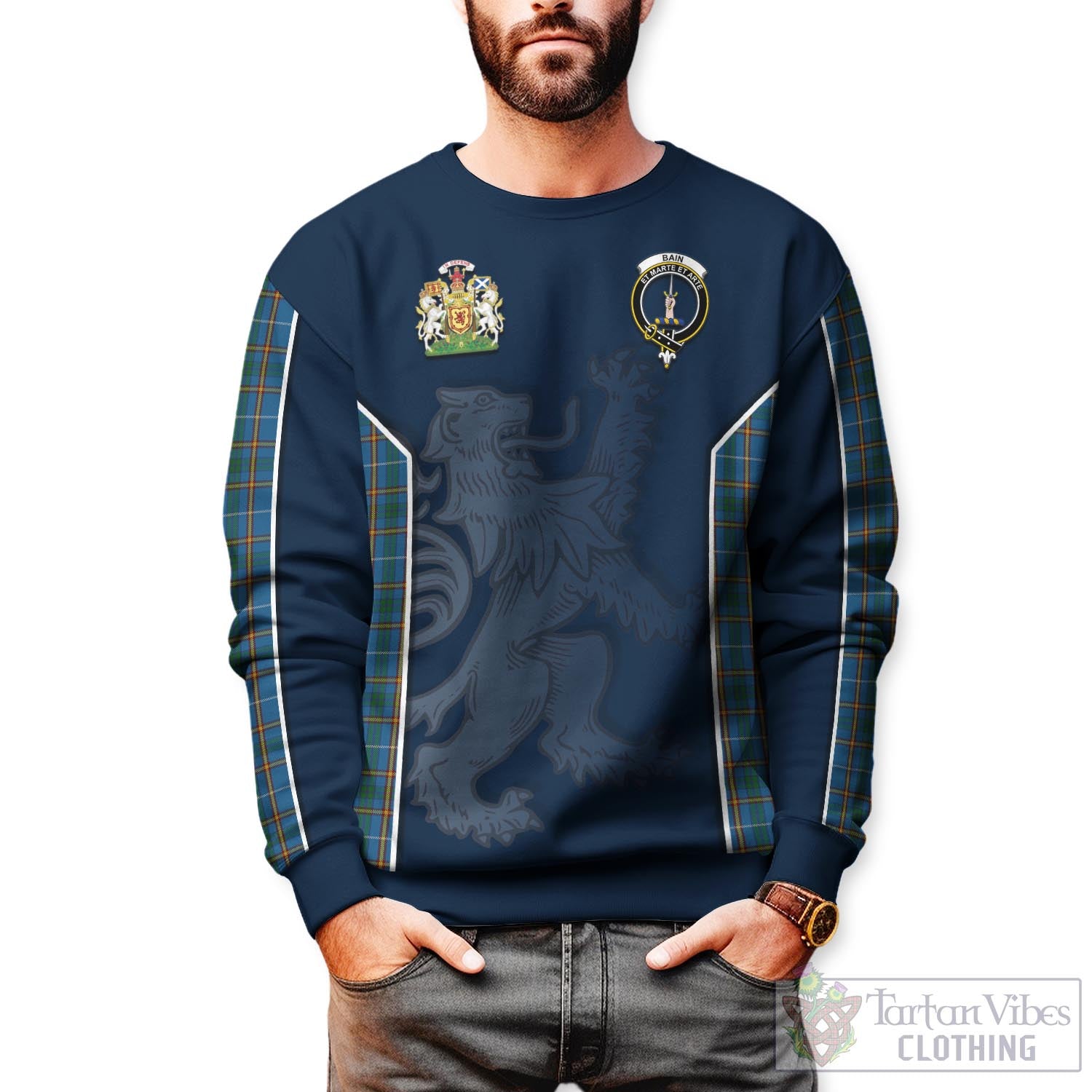 Tartan Vibes Clothing Bain Tartan Sweater with Family Crest and Lion Rampant Vibes Sport Style