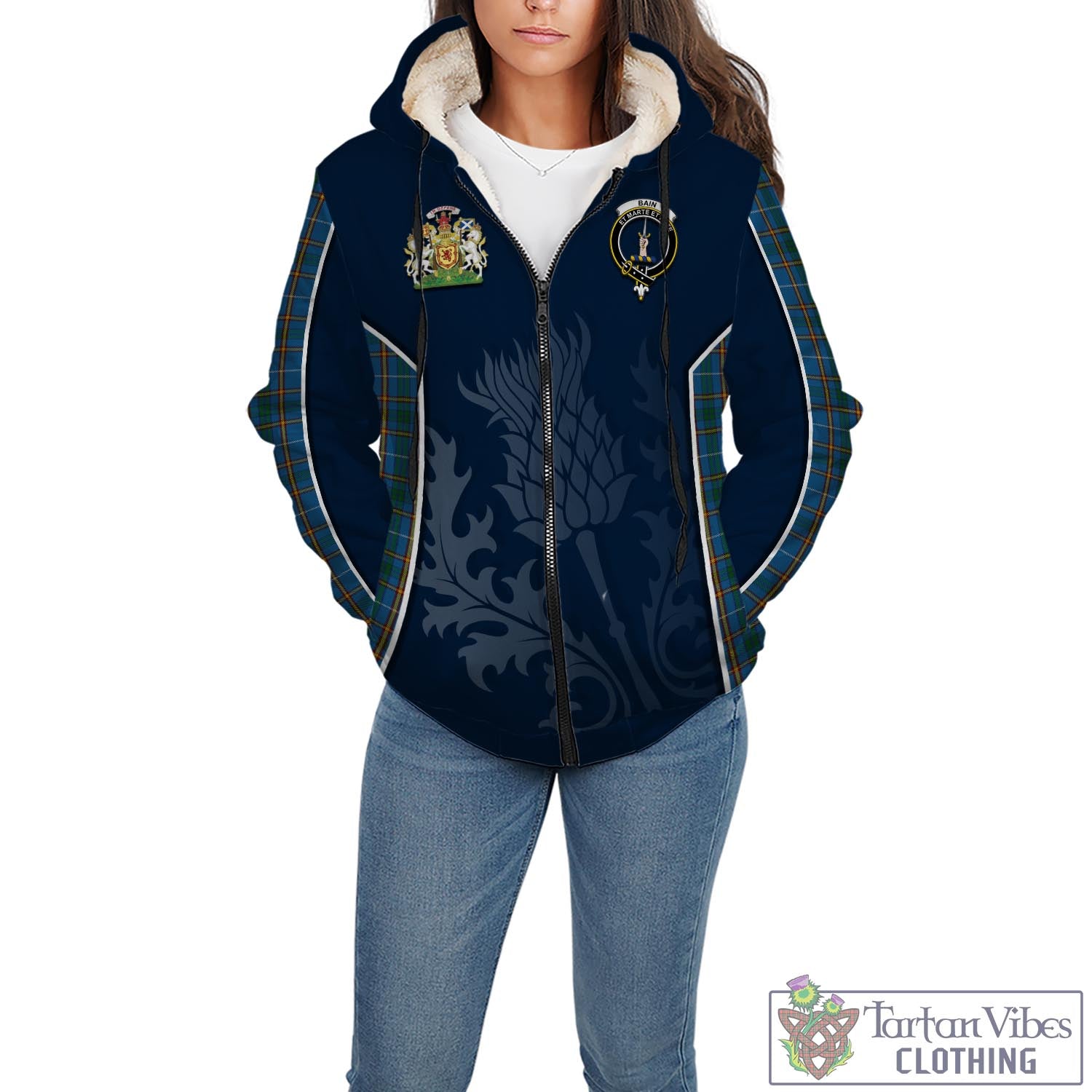 Tartan Vibes Clothing Bain Tartan Sherpa Hoodie with Family Crest and Scottish Thistle Vibes Sport Style