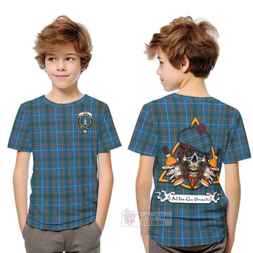 Bain Tartan Kid T-Shirt with Family Crest and Bearded Skull Holding Bottles of Whiskey Youth XL Size14 - Tartan Vibes Clothing
