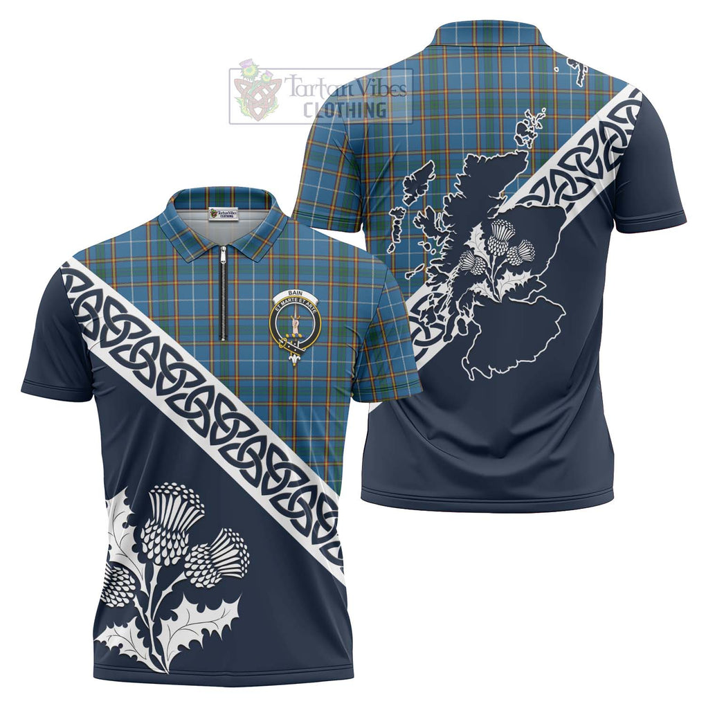 Tartan Vibes Clothing Bain Tartan Zipper Polo Shirt Featuring Thistle and Scotland Map